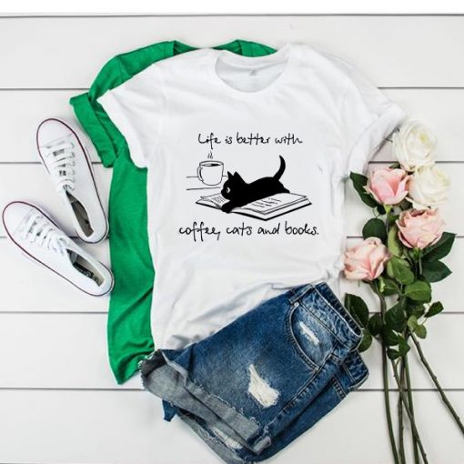 life is better with coffee cats and books t shirt RF